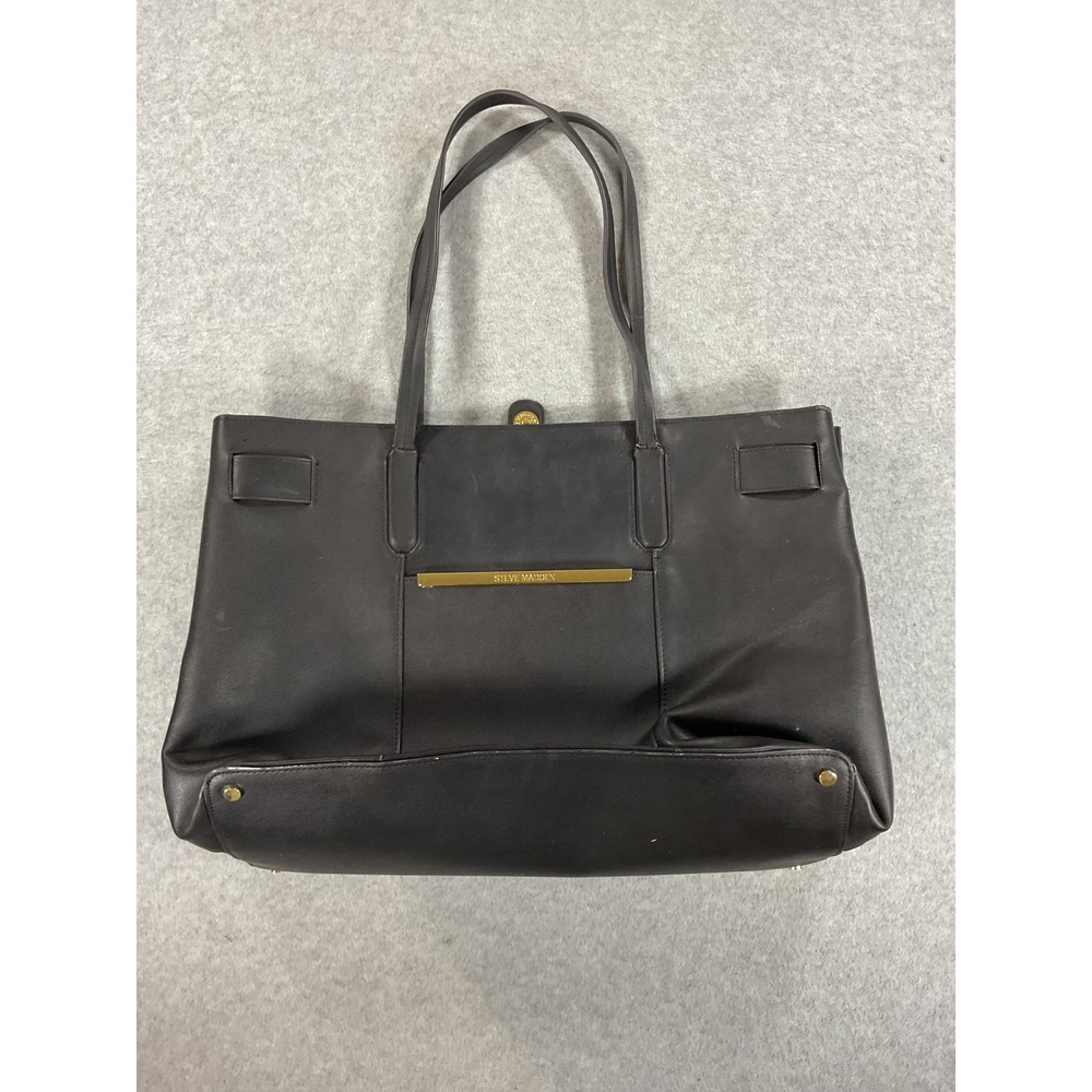 Steve Madden Black Faux Leather Tote Bag Gold Hardware Large Shopper Handbag